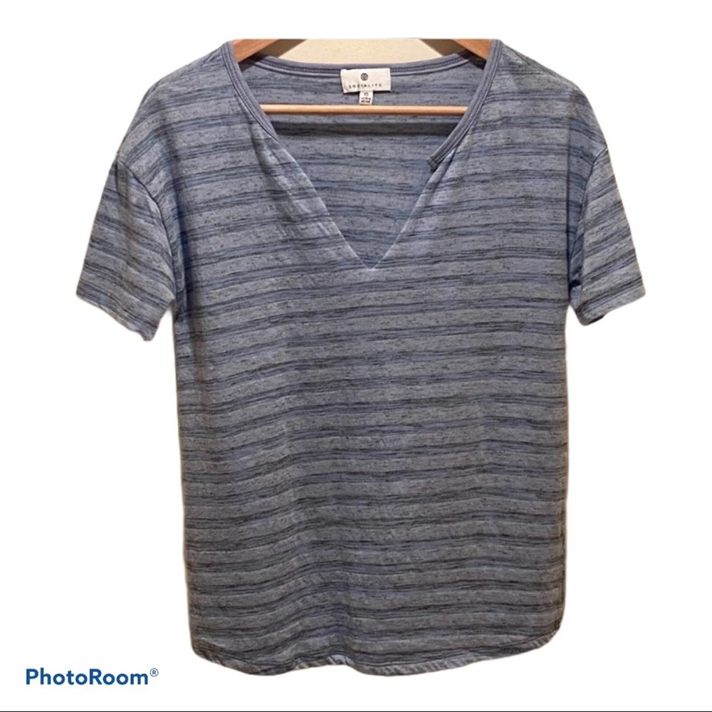 Blue & Grey Stripped T-Shirt V-Neck from Socialite